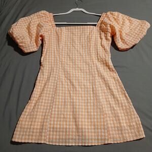 MABLE large peach seersucker gingham short puff sleeve fully lined mini-dress